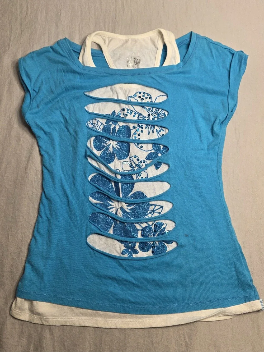 Blue Layered Cutout Floral Tee